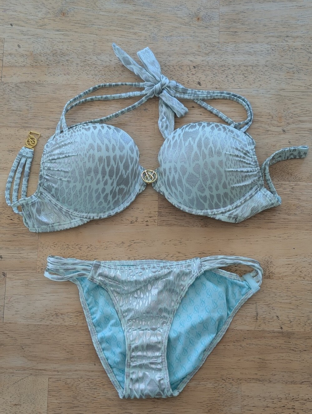 Victoria's Secret Metallic Mint Animal-Print  Bombshell Bikini Set XS 32C